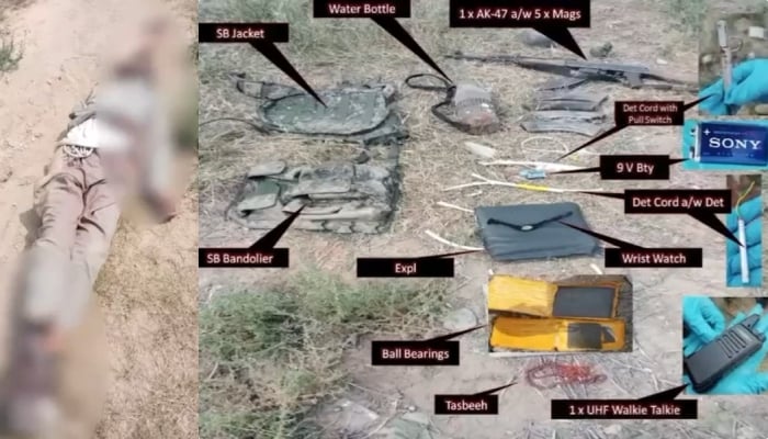 The picture collage shows some possessions recovered from the group of Khwarij (right) and blurred image of a Kharjis dead body in Mohmand district on September 6, 2024. —ISPR