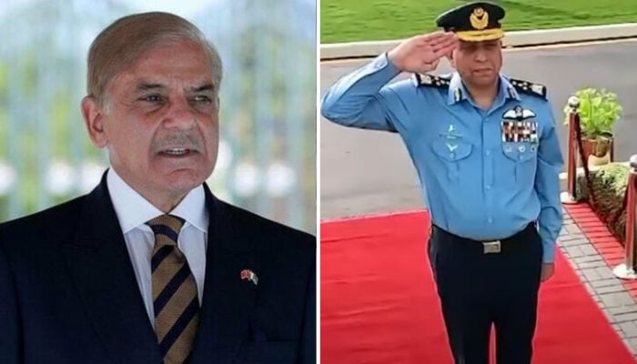 The combined image shows Prime Minister Shehbaz Sharif (L) and Air Chief Marshal Zaheer Ahmed Baber Sidhu (R). — ISPR/APP