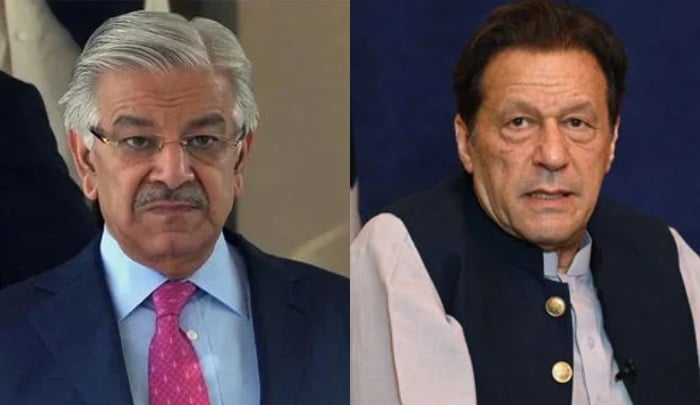 Defence Minister Khawaja Asif (left) and PTI founder Imran Khan. — PID/AFP/File