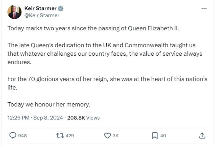 Prime Minister Keir Starmer pays emotional tribute to Queen Elizabeth