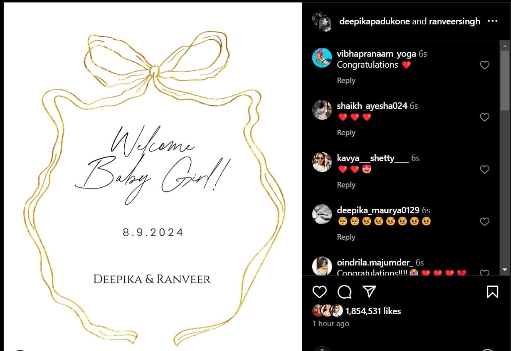 Deepika Padukone, Ranveer Singh officially welcome baby girl