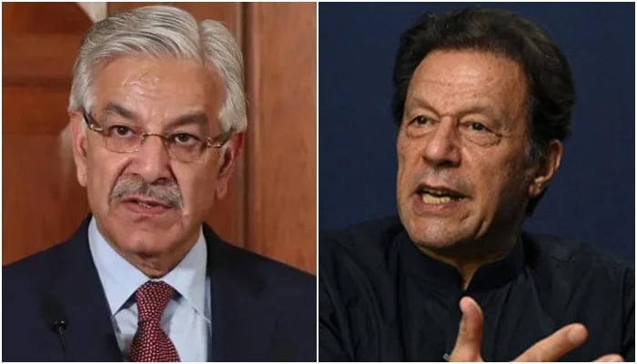 Defence Minister Khawaja Asif (left) and PTI founder Imran Khan. — AFP/File