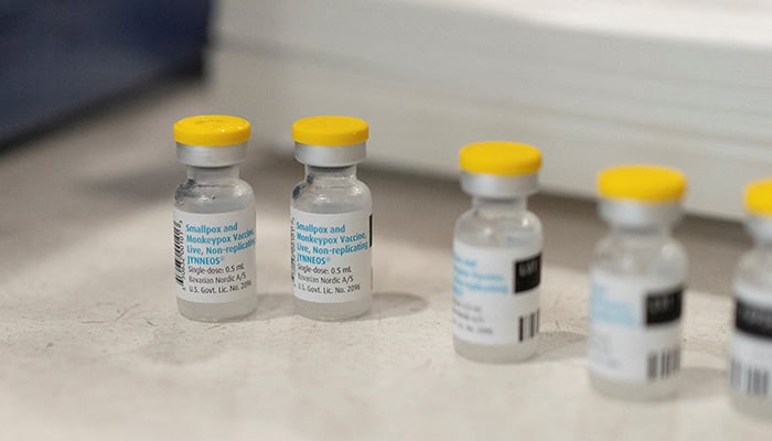 Vials of the JYNNEOS smallpox and monkeypox vaccine are placed on a table during a clinic offered by the Pima County Department of Public Health at Abrams Public Health Center in Tucson, Arizona, US on August 20, 2022.