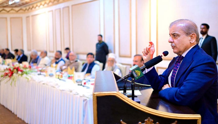 Prime Minister Shehbaz Sharif addresses at the dinner hosted in honour of the parliamentarians of coalition parties of the government on September 9, 2024. — PID