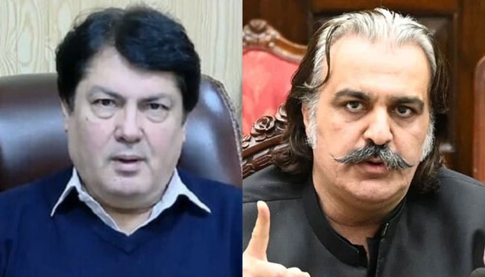 Khyber Pakhtunkhwa Chief Minister Ali Amin Gandapur (right) gestures as he speaks at a presser in Peshawar on April 22, 2024 and PTI leader Barrister Mohammad Ali Saif. — X/@GovernmentKP/APP/File