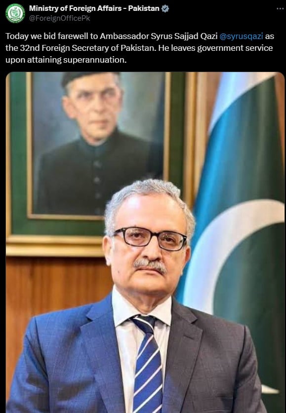 Former foreign secretary Syrus Sajjad Qazi. — X/@ForeignOfficePk