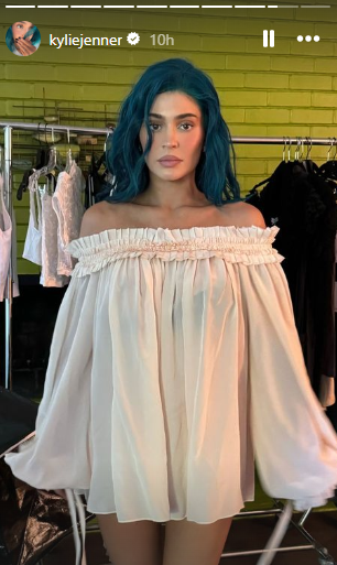 Kylie Jenner flaunts her blue hair while posing for portraits