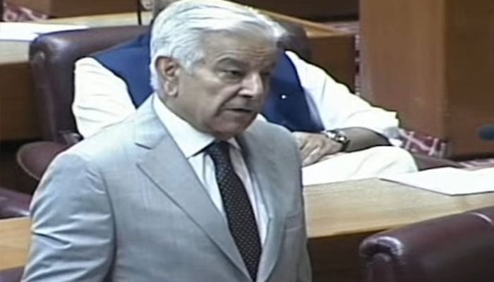 Defence Minister Khawaja Asif speaks during a National Assembly on September 11, 2024. — Screengrab via Geo News