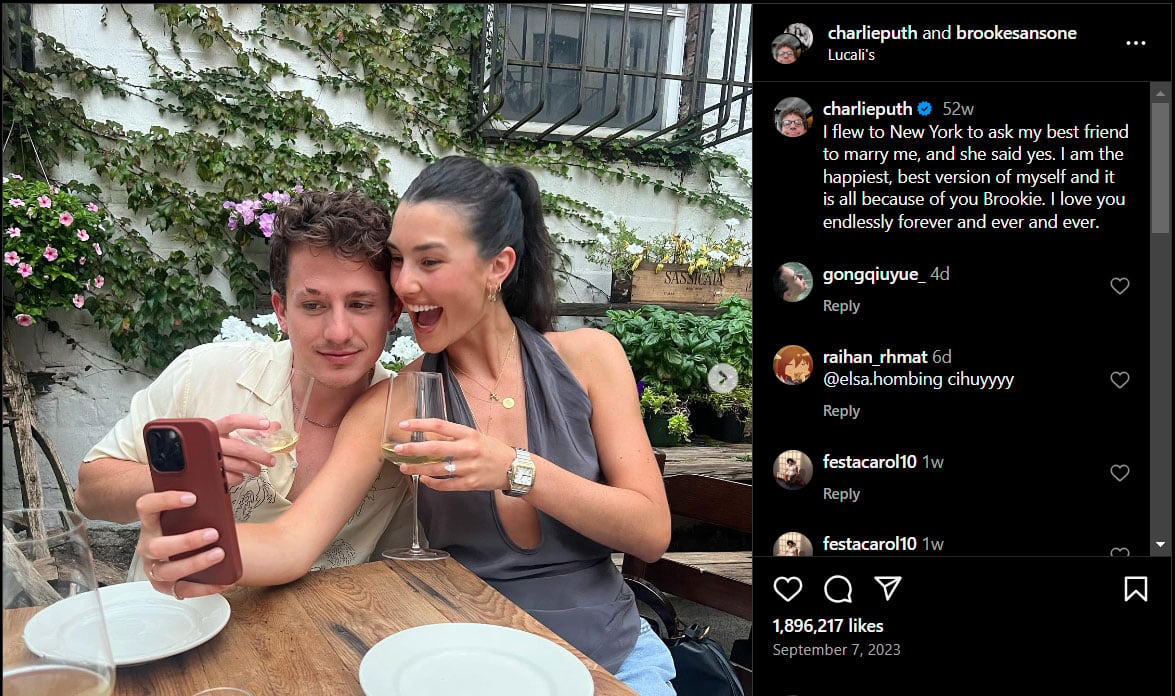 Charlie Puth, Brooke Sansone tie the knot after years of dating