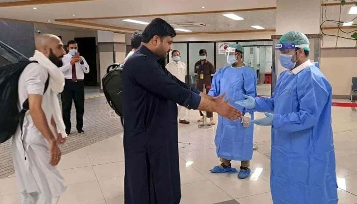 A representational image showing passengers being screened for mpox at the Bacha Khan International Airport in Peshawar on August 23, 2024. — PPI