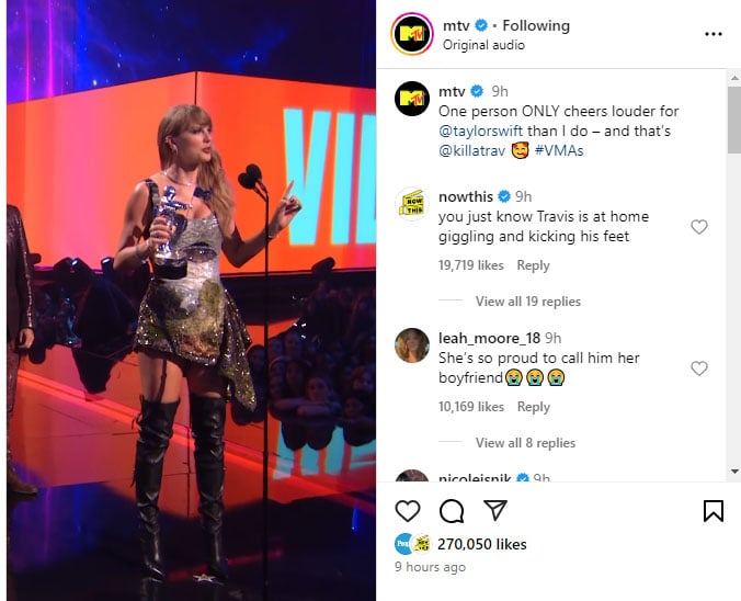 Taylor Swift gave a shouted to her boyfriend Travis Kelce at the 2024 VMAs