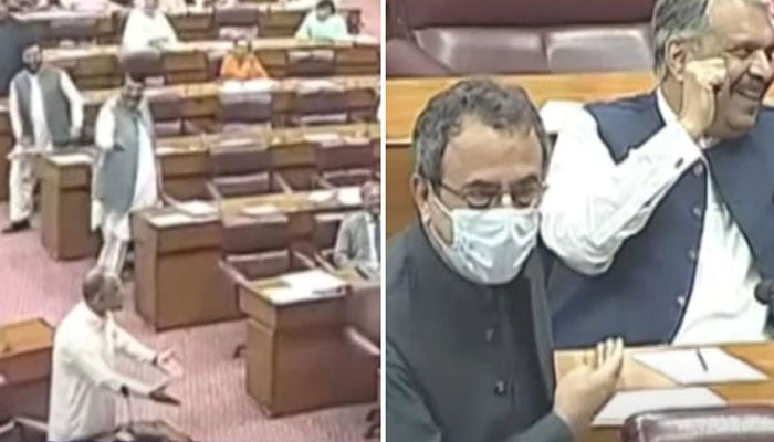 A collage of stills taken from a video showing PTI leader Omar Ayub spreading his arms to hug federal Minister for Energy Awais Leghari (left) and the latter speaking on the assembly floor. — Geo News Live/YouTube