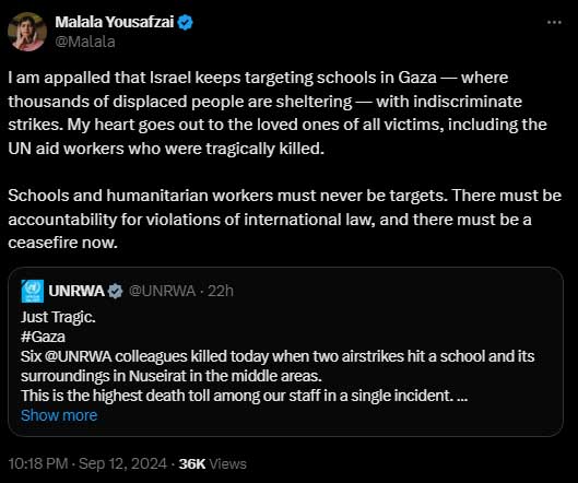 Malala Yousafzai slams Israeli attacks on schools in Gaza