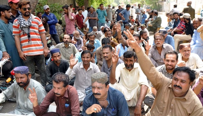 Members of a labour union are holding demonstration against non-payment of their salaries, at the Hyderabad Press Club on September 11, 2024. —PPI