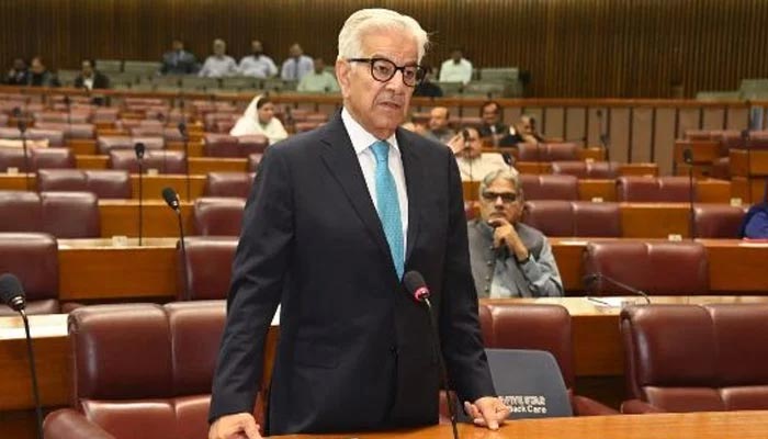 Defence Minister Khawaja Asif is addressing the National Assembly session on June 20, 2024. — APP