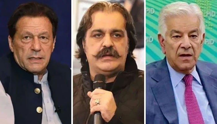 PTI founder Imran Khan (Left), KP Chief Minister Ali Amin Gandapur (Centre),Defence Minister Khawaja Asif (Right). — AFP/Facebook/AliAminKhanGandapur/PID/File