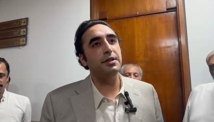 PPP Chairman Bilawal Bhutto Zardari speaks to journalists in Parliament House in Islamabad. — Screengrab/Geo News