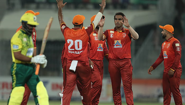 The Stallions celebrating a wicket against the Lions during the second game of the Champions One-Day Cup 2024 at the Iqbal Stadium, Faisalabad on September 13, 2024. — PCB