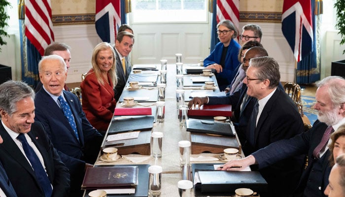 US Secretary of State Antony Blinken (left), US President Joe Biden (second left) and British Prime Minister Keir Starmer (right) participate in a bilateral meeting in the Blue Room of the White House in Washington, DC, on September 13, 2024. — AFP