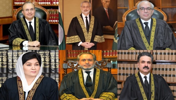 The collage shows Chief Justice of Pakistan (CJP) Qazi Faez Isa (centre) and other Supreme Court judges. — SC website