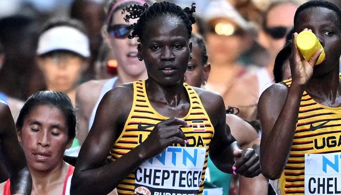 Ugandas Rebecca Cheptegei in action during the womens marathon final during the World Athletics Championship Womens Marathon at the National Athletics Centre in Budapest, Hungary on August 26, 2023. — Reuters