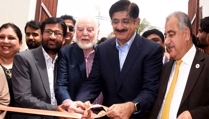 Sindh Chief Minister Murad Ali Shah cuts ribbon to inaugurate café Khudee exclusively run by differently-abled staffers in Karachi. — Facebook/ SindhCMHouse