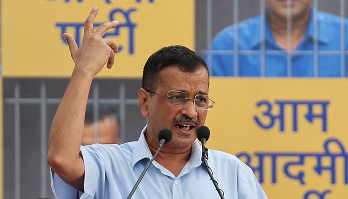 Delhi Chief Minister Arvind Kejriwal addresses supporters and members of the Aam Aadmi Party (AAP) at the partys headquarters before he leaves to surrender himself to jail authorities, after interim bail granted by the Supreme Court in a liquor policy case came to an end, in New Delhi, India on June 2, 2024. — Reuters