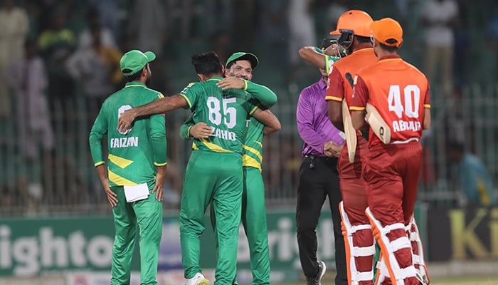 The Markors hugging and celebrating second win of the Champions One-Day Cup at Iqbal Stadium, Faisalabad against the Stallions on September 15, 2024. — PCB