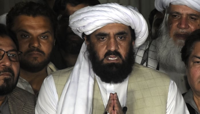 Jamiat Ulema-e-Islam-Fazl (JUI-F) leader Hafiz Hamdullah addressing press conference at his residence in Islamabad on February 15, 2024. —Online