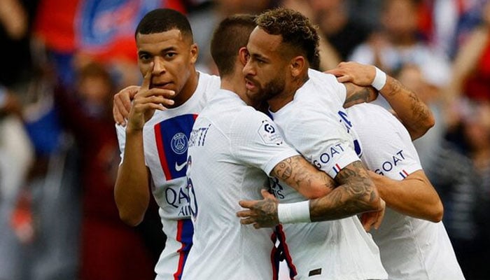 Carlos Soler of Paris Saint-Germain celebrates his first goal alongside Kylian Mbappe, Neymar and Marco Verratti during their Ligue 1 match against Troyes at Parc des Princes in Paris, France, October 29, 2022. — Reuters