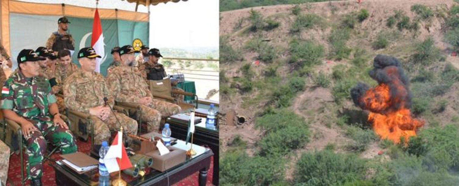 A collage of Pakistan Army and Indonesian Armed Forces personnel and an explosion during the military drill. — ISPR