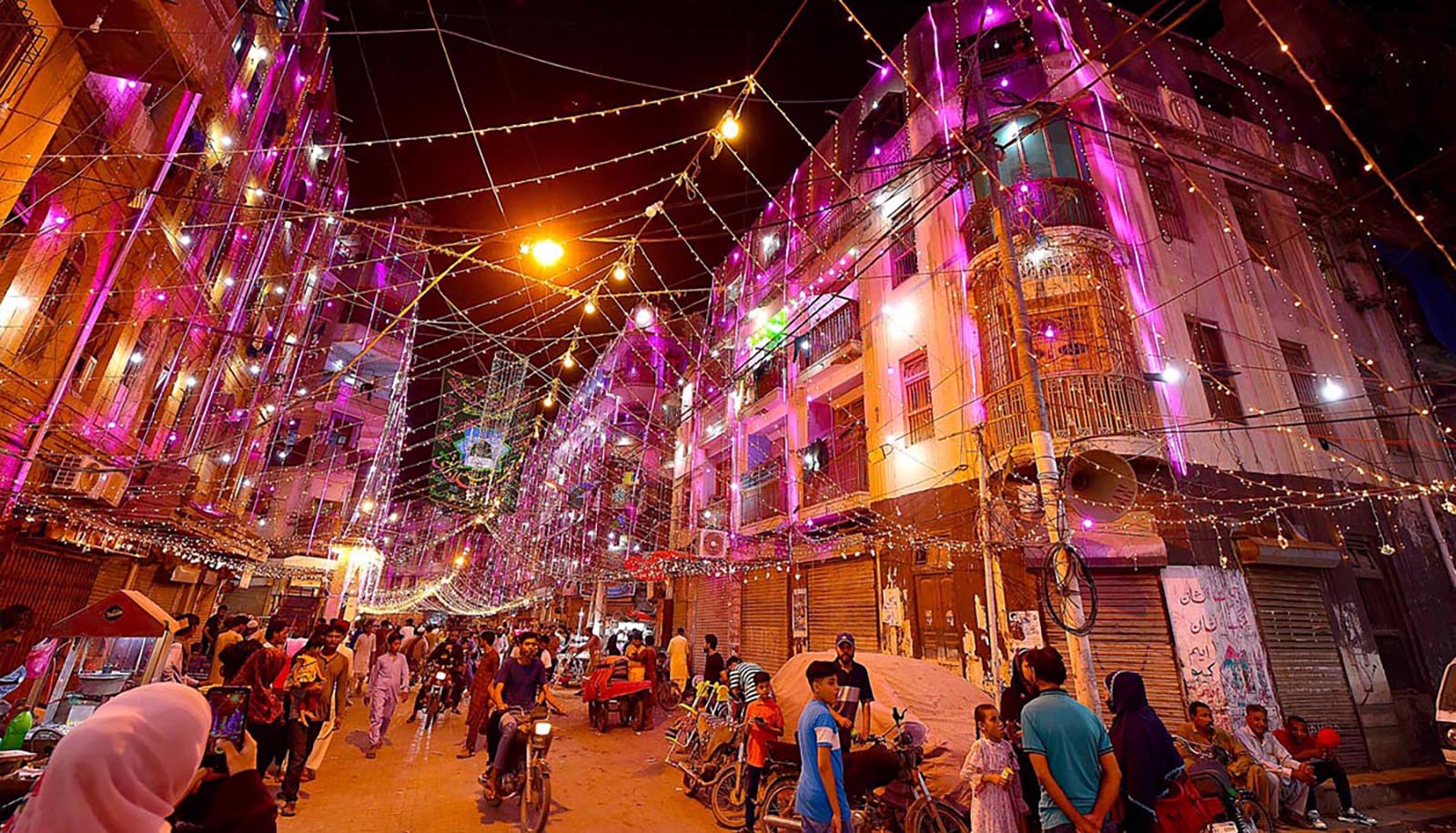 A street brightly decorated with lights on the occasion of Prophet Muhammads (SAWW) birthday in Karachi, Pakistan on September 16, 2024. — INP