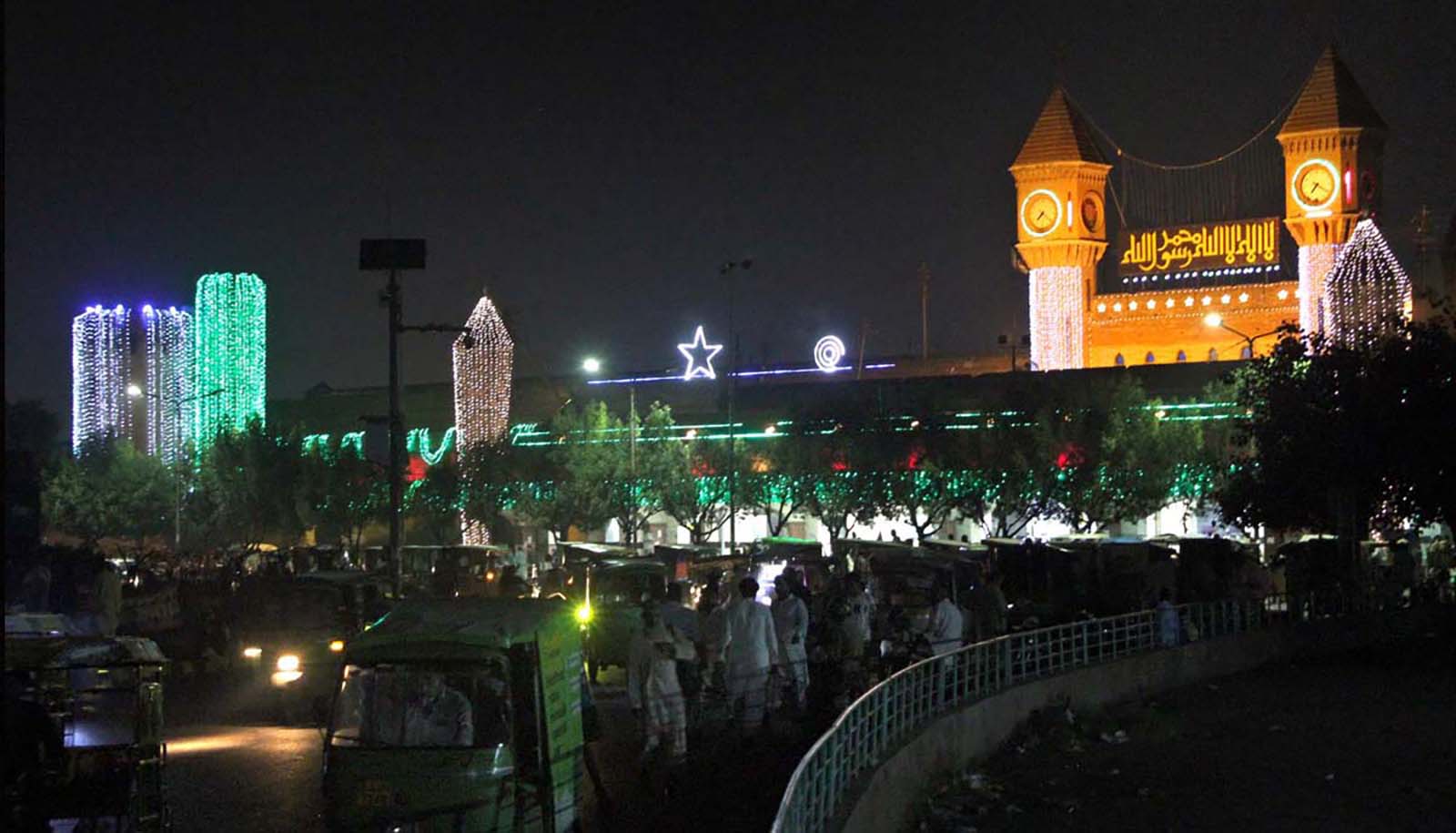 The railway station building in Lahore, Punjab decorated on the birthday anniversary of the Holy Prophet Muhammad  (SAWW) on September 15, 2024. — PPI