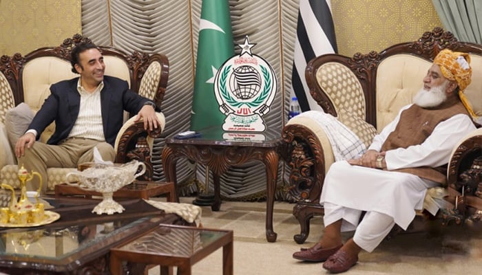 PPP Chairman Bilawal Bhutto Zardari (left) meets JUI-F Supremo Maulana Fazlur Rehman in Islamabad on September 16, 2024. — X/@MediaCellPPP