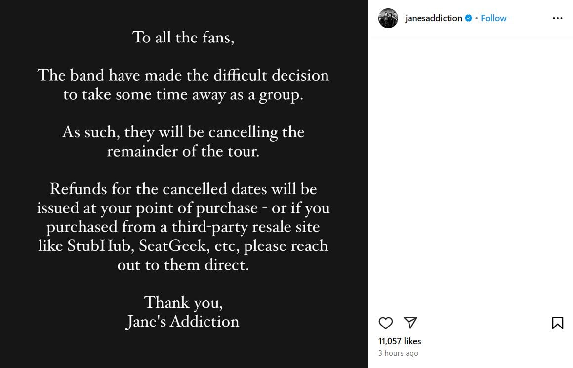 Janes Addiction makes the difficult decision to cancel the remainder of their reunion tour