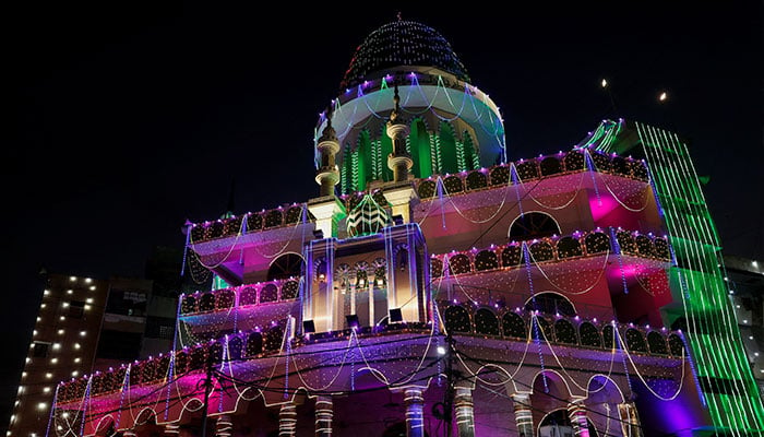 A mosque is seen illuminated on the eve of the Eid-e-Milad-ul-Nabi, the birth anniversary of the Prophet Mohammad, in Karachi, Pakistan, September 16, 2024.