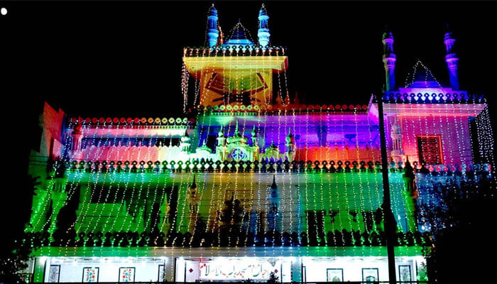 The Jamia Masjid Babul Islam decorated with colourful lights to celebrate Eid Milad-un-Nabi (SAWW) on September 14, 2024. — APP