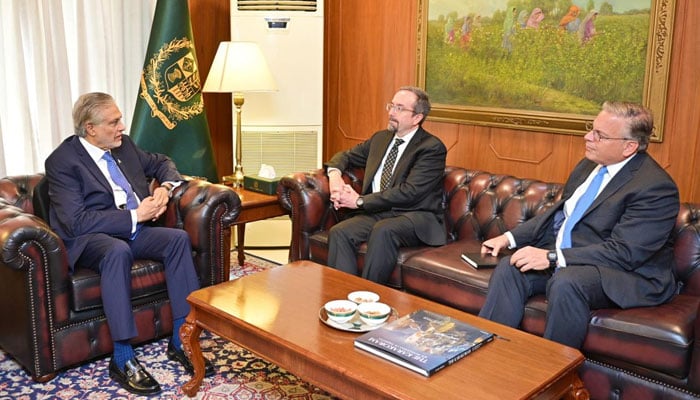 Deputy Prime Minister and Foreign Minister Mohammad Ishaq Dar (left) meets the Acting Under Secretary of State for Political Affairs John Bass alongside US Ambassador to Pakistan Donald Blome on September 17, 2024. — X/@ForeignOfficePk