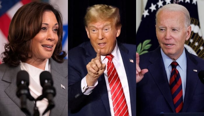 A combination of images showing US Vice President Kamala Harris (left), former US president Donald Trump (centre) and US President Joe Biden. — Reuters/Files