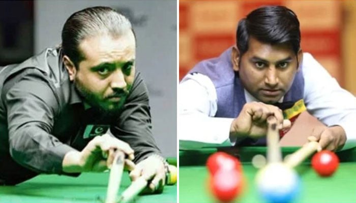 (From left) Pakistani snooker players Asjad Iqbal and Awais Munir. — Reporter