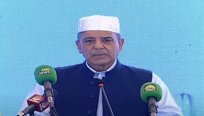 Prime Minister Shehbaz Sharif addresses ceremony to mark Eid Milad un Nabi on September 17, 2024, in this still taken from a video. — Geo News Live/YouTube