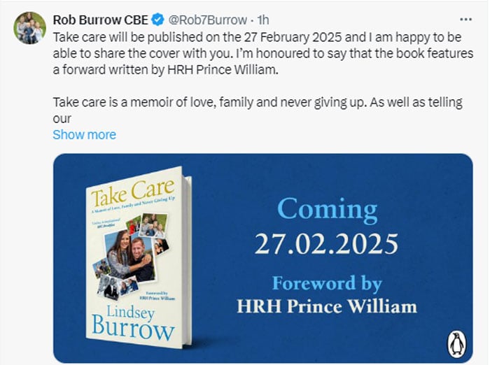 Prince William writes foreword to Lindsey Burrows upcoming memoir Take Care