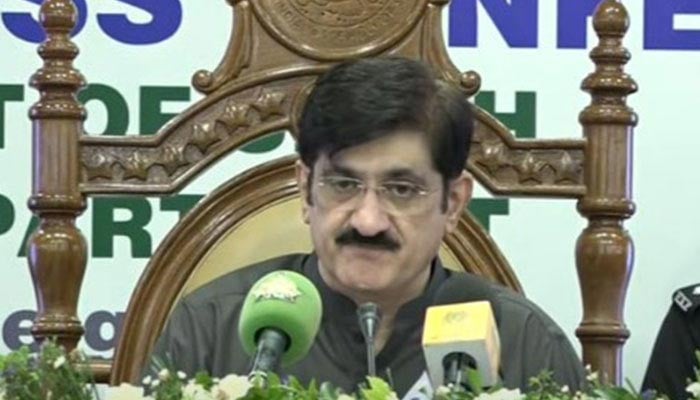 Sindh Chief Minister Murad Ali Shah speaks to the media in the post-budget press conference in Karachi on June 15, 2024, in this still taken from a video. — YouTube/Geo News Live