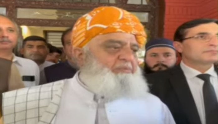 JUI-F chief Maulana Fazlur Rehman speaks to journalists after attending a luncheon at senior PTI leader Asad Qaisers residence in Islamabad, September 18, 2024. — Screengrab/Geo News