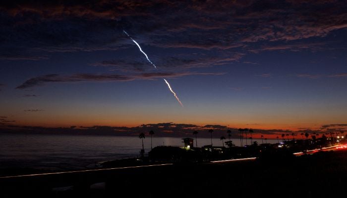 An evening launch of a SpaceX Falcon 9 rocket carrying 20 Starlink V2 Mini satellites, from Space Launch Complex at Vandenberg Space Force Base is seen over the Pacific Ocean from Encinitas, California, US on June 23, 2024. — Reuters