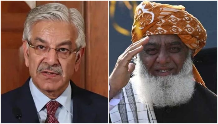 Defence Minister Khawaja Asif (left) and JUI-F Chief Maulana Fazlur Rehman. — AFP/File