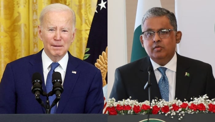 A combination of images shows US President Joe Biden (left) and Pakistans Ambassador to the US, Rizwan Saeed Sheikh. — Reuters/File/X/@PakinUSA