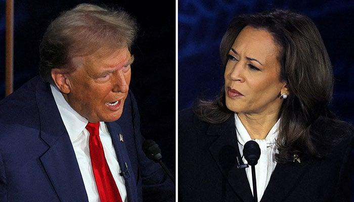 Republican presidential nominee, former US President Donald Trump and Democratic presidential nominee, US Vice President Kamala Harris take part in a presidential debate hosted by ABC in Philadelphia, Pennsylvania, US, September 10, 2024 in a combination of photographs. — Reuters