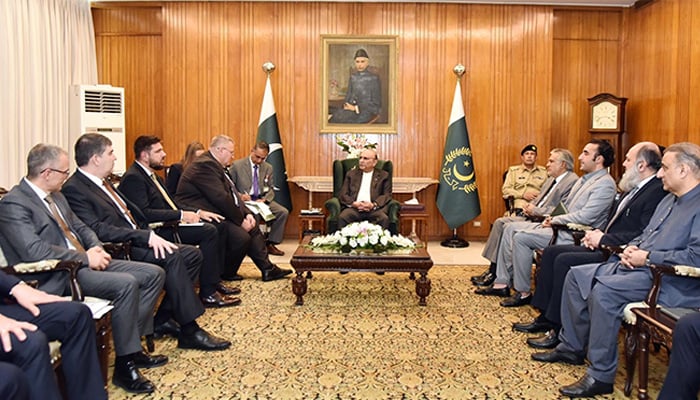 President Asif Ali Zardari (centre) in a meeting with Deputy Prime Minister of Russian Federation Alexei Overchuk at Aiwan-e-Sadr on September 19, 2024. — PID