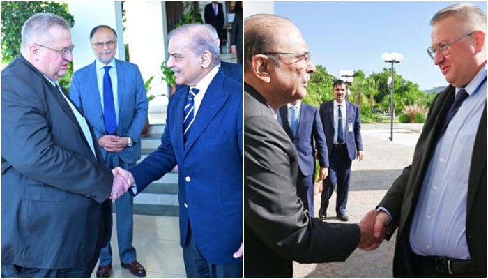 Russian Deputy Prime Minister Alexei Overchuk holds separate meetings with PM Shehbaz Sharif (centre-left) and President Asif Ali Zardari (centre-right) in Islamabad on September 19, 2024. — PID